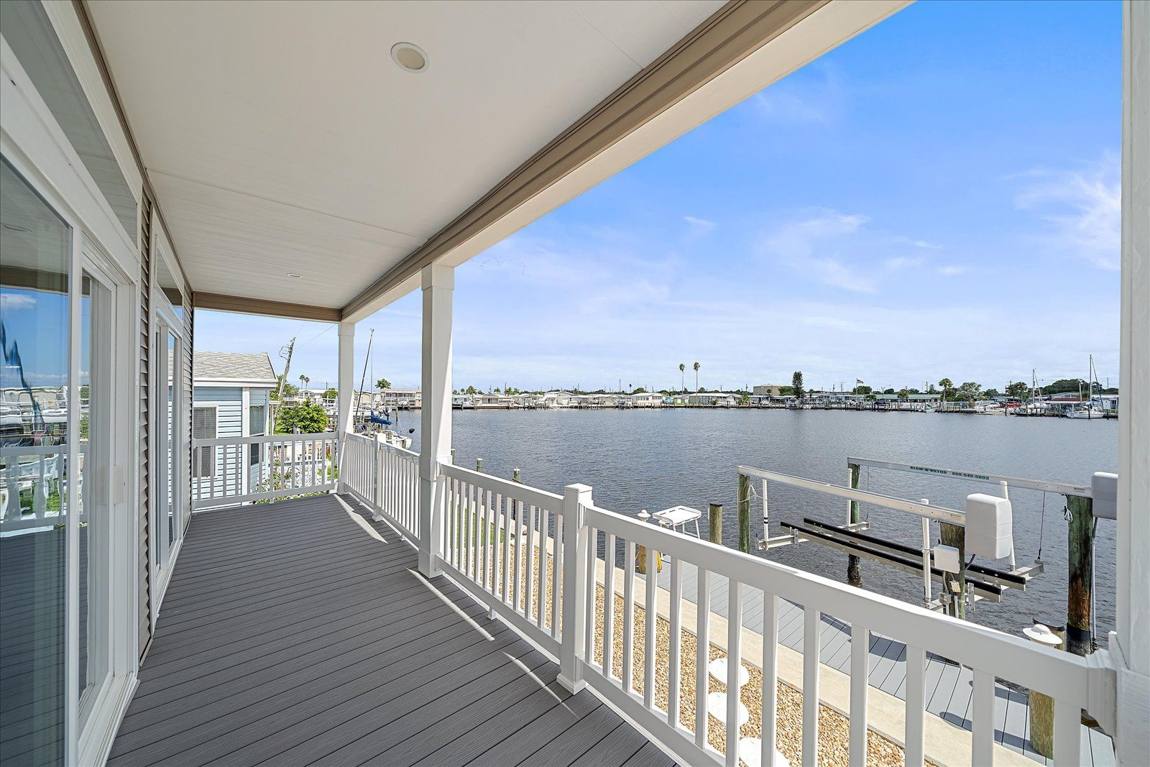 Covered waterside deck looking out over the bay