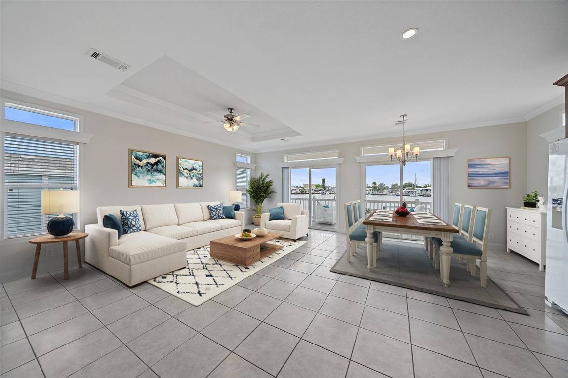 Bright living room with water views